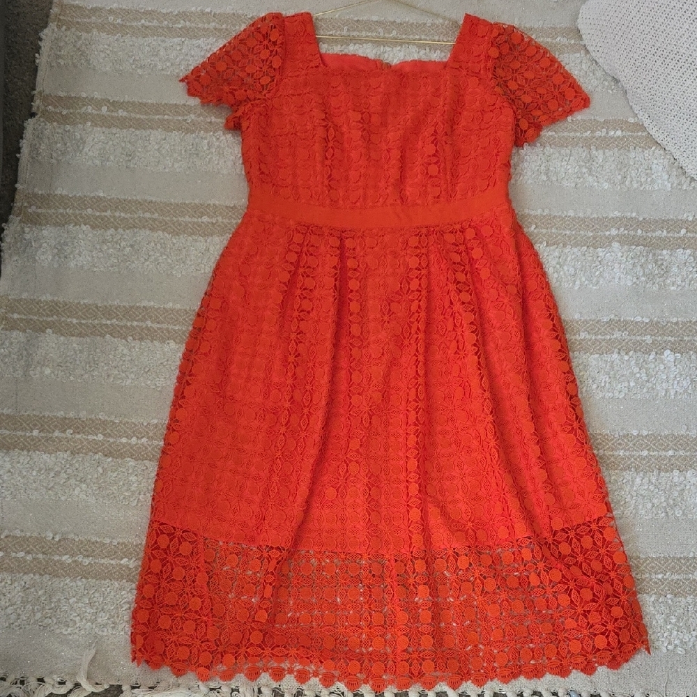 Talbots Vibrant Orange Lace Lined Fit-and-Flare Midi Dress Zip Back Size 14